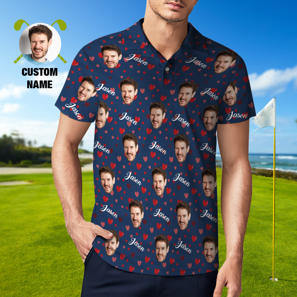 Custom Name Polo Shirt Personalized Hearts Short Sleeve Golf Shirt with Picture Logo Custom Polos for Men - auphotoblanket
