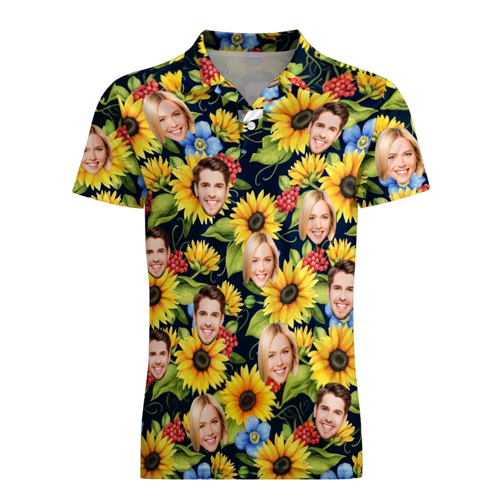 Custom Polo Shirt with Face Personalized Sunflower Polo Shirt for Men Gift for Him - auphotoblanket