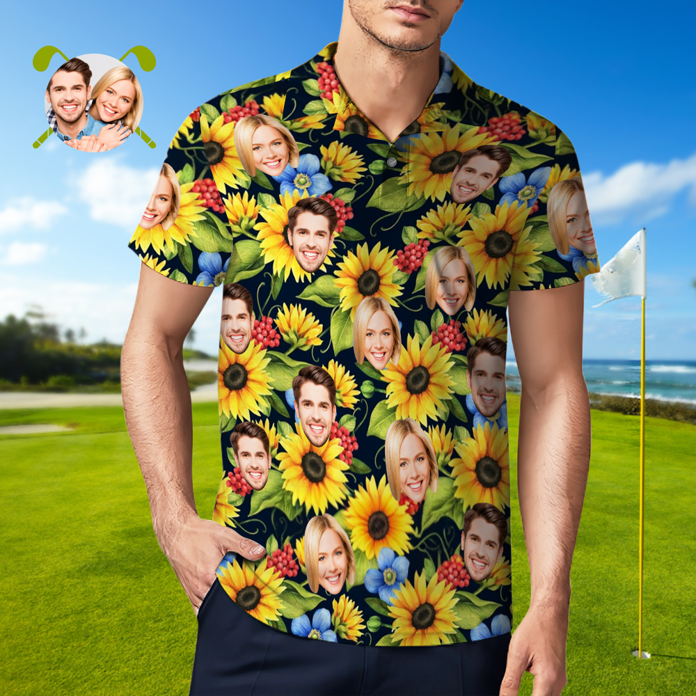 Custom Polo Shirt with Face Personalized Sunflower Polo Shirt for Men Gift for Him - auphotoblanket