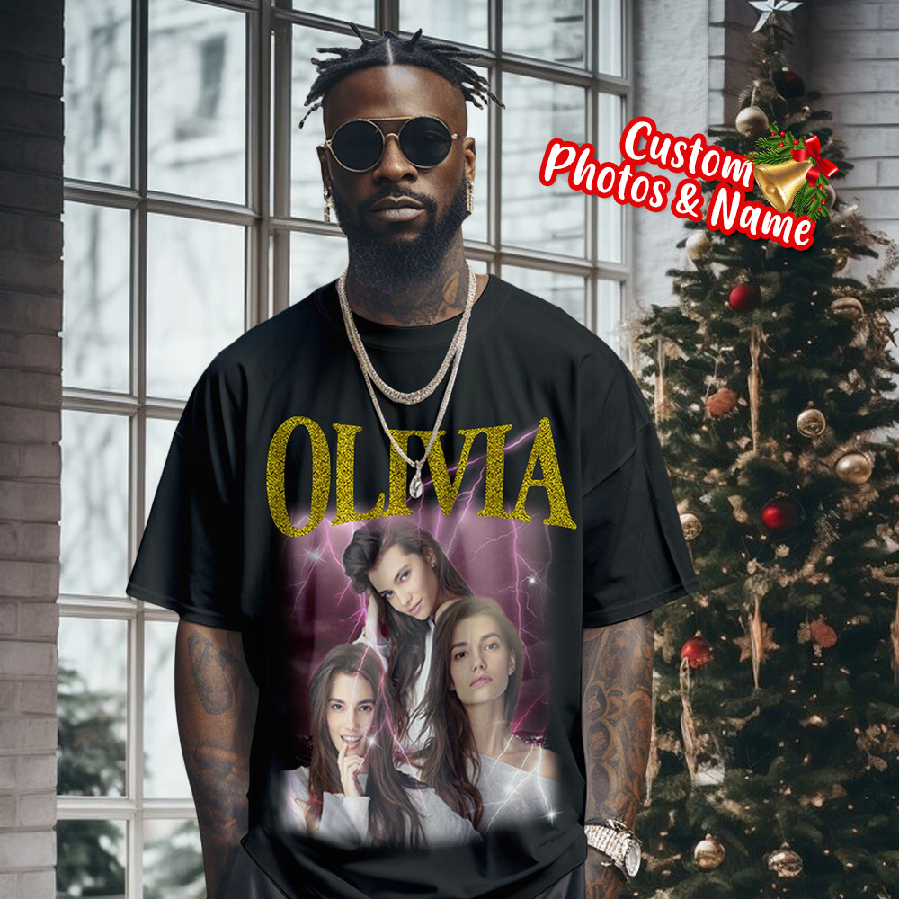 Custom Photo Vintage Tee Personalized Applique Glitter Name T-shirt Couple Gifts - auphotoblanket