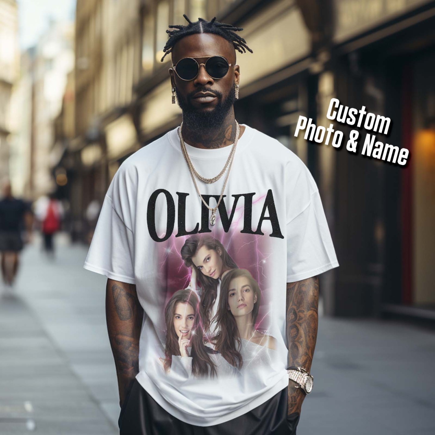 Custom Photo Vintage Tee Personalized Applique Glitter Name T-shirt Couple Gifts - auphotoblanket