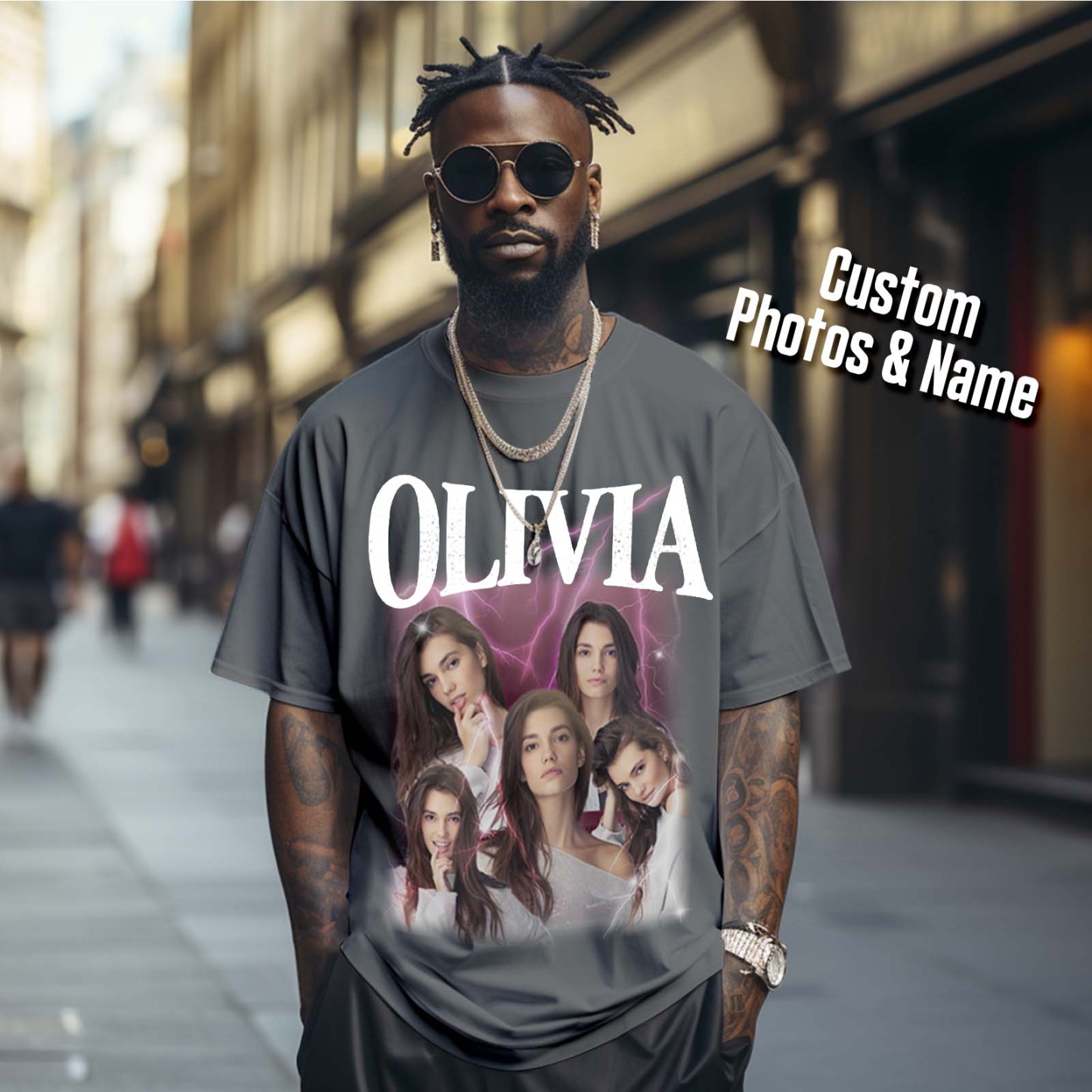 Custom Photo Vintage Tee Personalized Applique Glitter Name T-shirt Couple Gifts - auphotoblanket