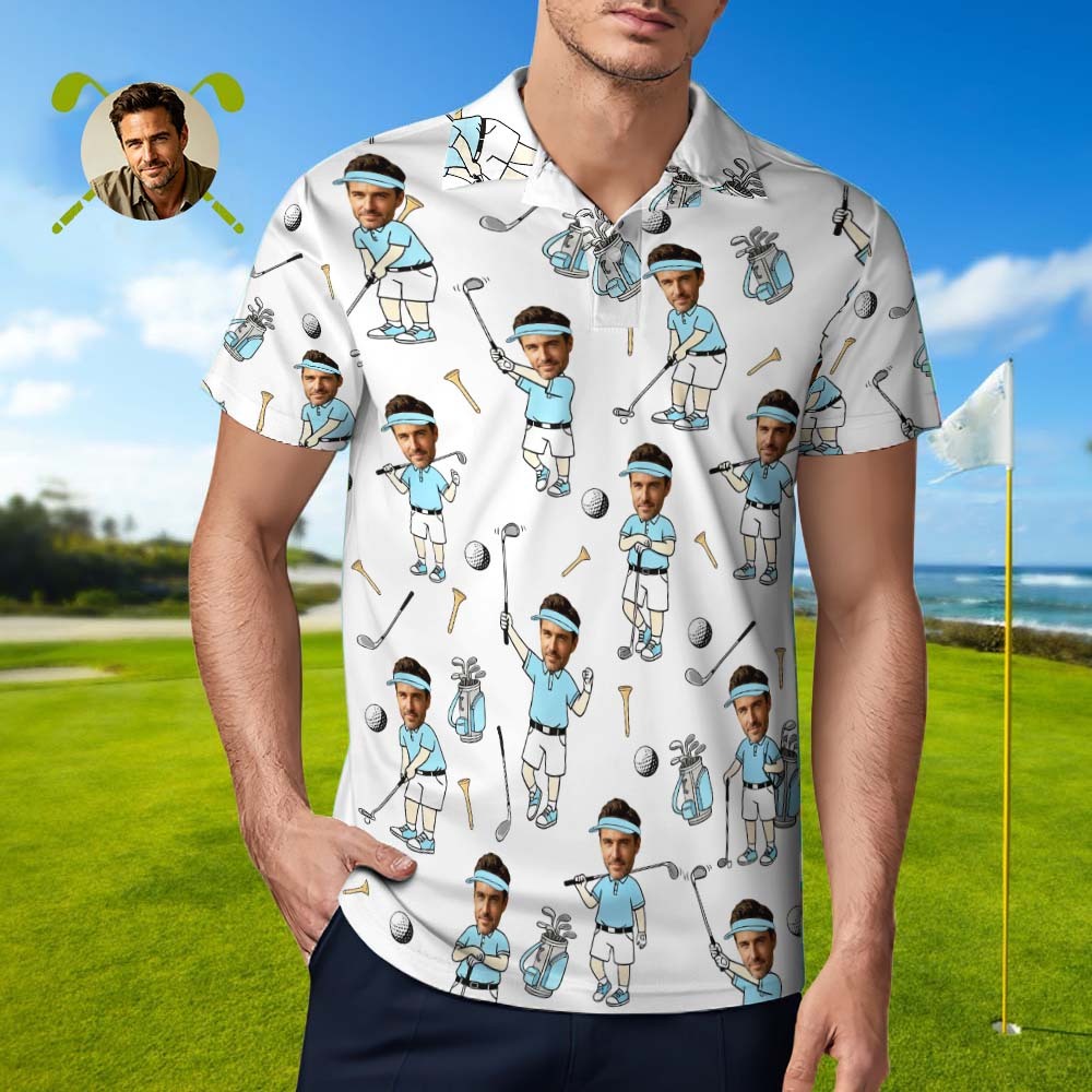 Custom Face Golf Polo Shirt for Men, Funny Cartoon Golfer Shirt, Matching Golf Team Polo, Summer Golf Shirt, Personalized Golf Lover Gift - auphotoblanket