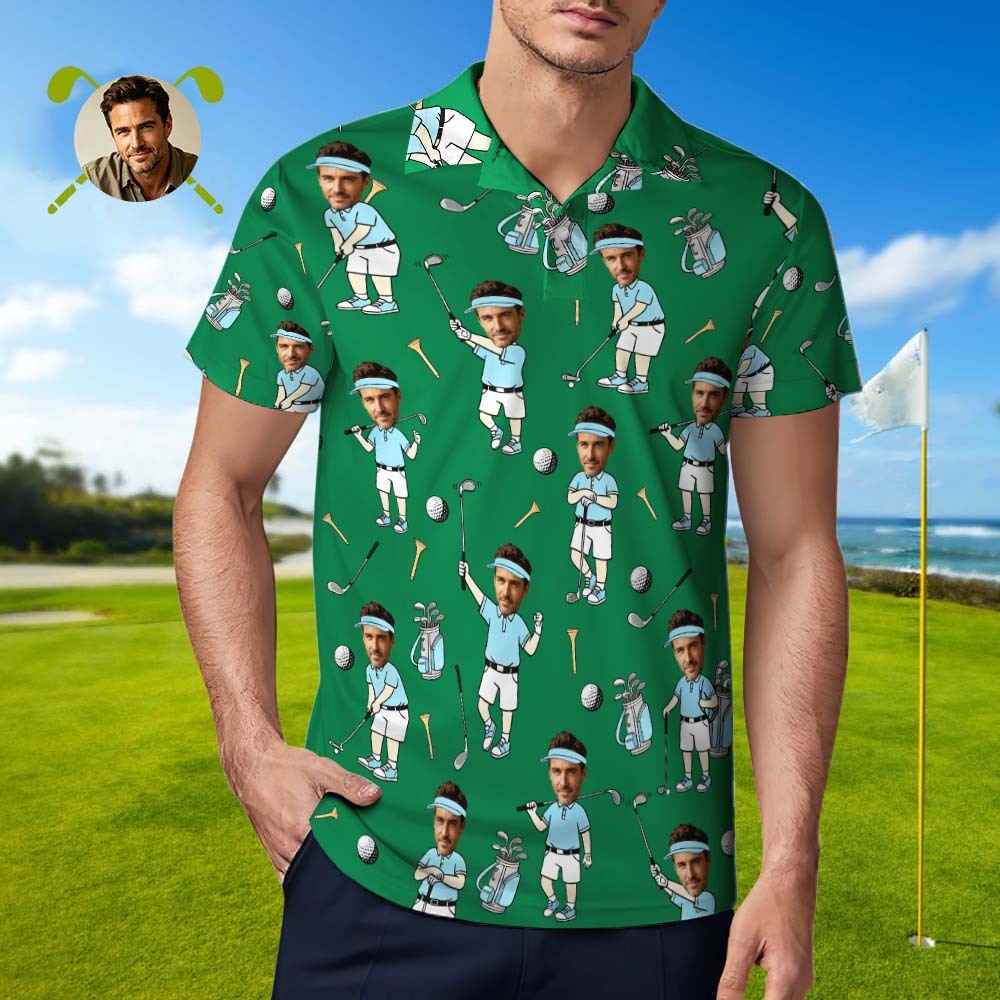 Custom Face Golf Polo Shirt for Men, Funny Cartoon Golfer Shirt, Matching Golf Team Polo, Summer Golf Shirt, Personalized Golf Lover Gift - auphotoblanket