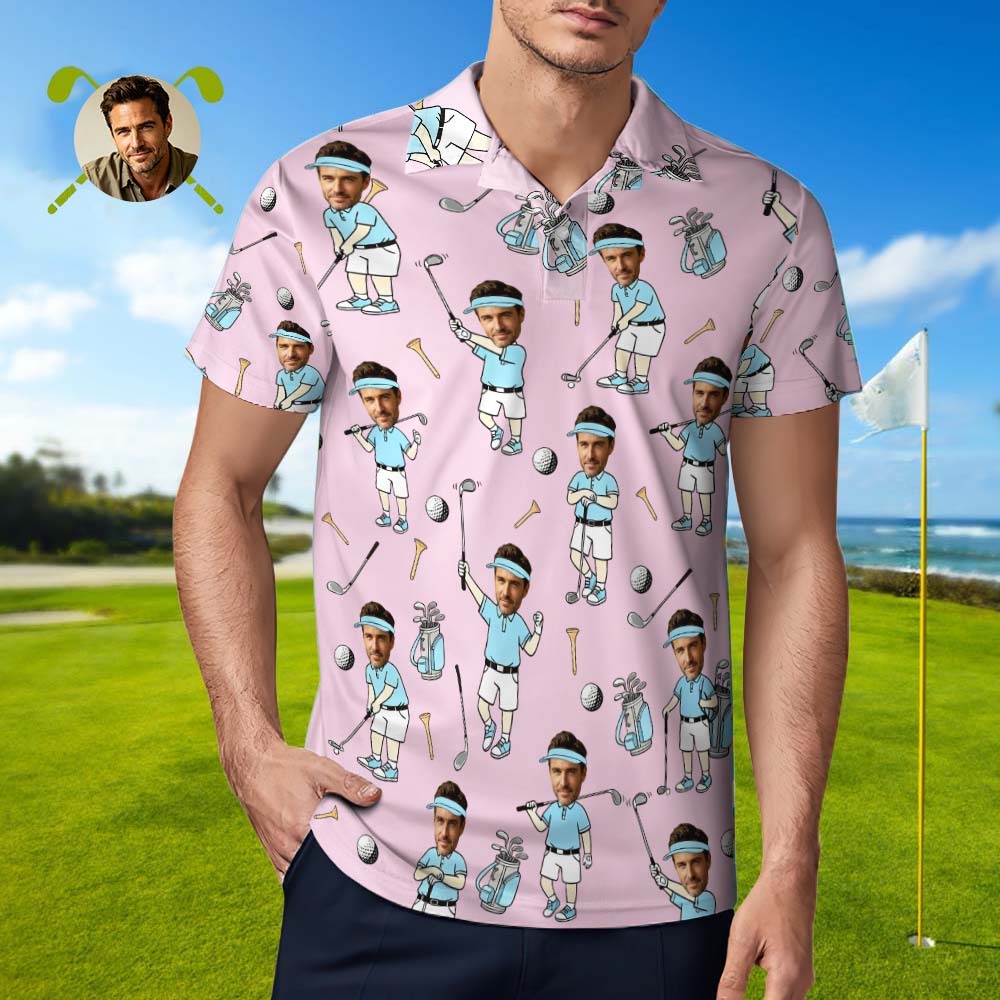 Custom Face Golf Polo Shirt for Men, Funny Cartoon Golfer Shirt, Matching Golf Team Polo, Summer Golf Shirt, Personalized Golf Lover Gift - auphotoblanket