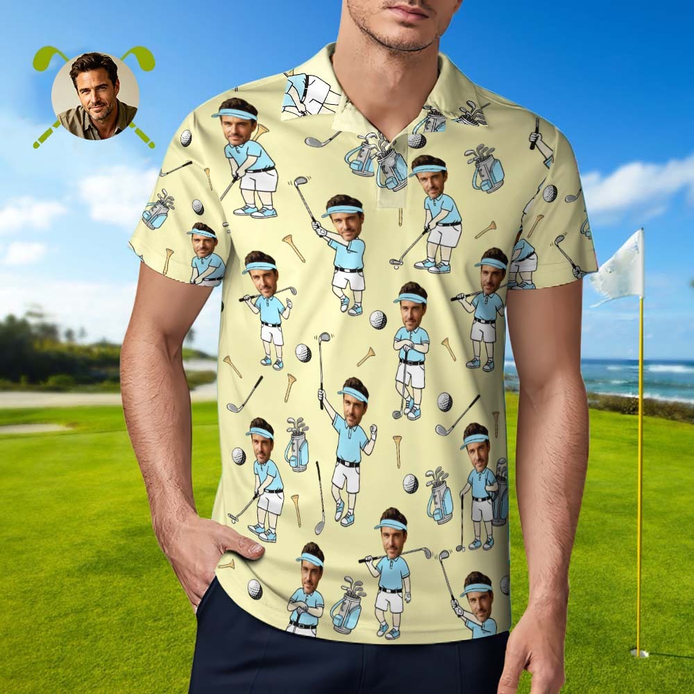 Custom Face Golf Polo Shirt for Men, Funny Cartoon Golfer Shirt, Matching Golf Team Polo, Summer Golf Shirt, Personalized Golf Lover Gift - auphotoblanket