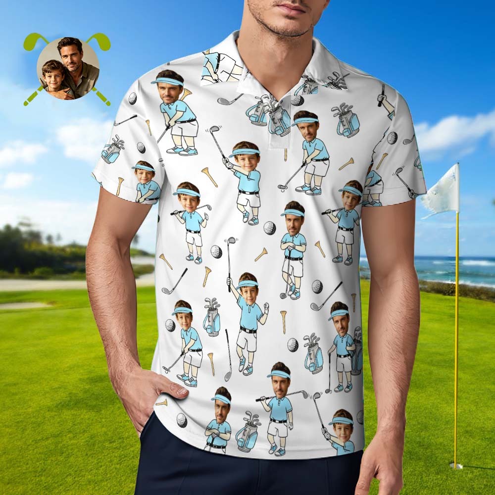 Custom Face Golf Polo Shirt for Men, Funny Cartoon Golfer Shirt, Matching Golf Team Polo, Summer Golf Shirt, Personalized Golf Lover Gift - auphotoblanket