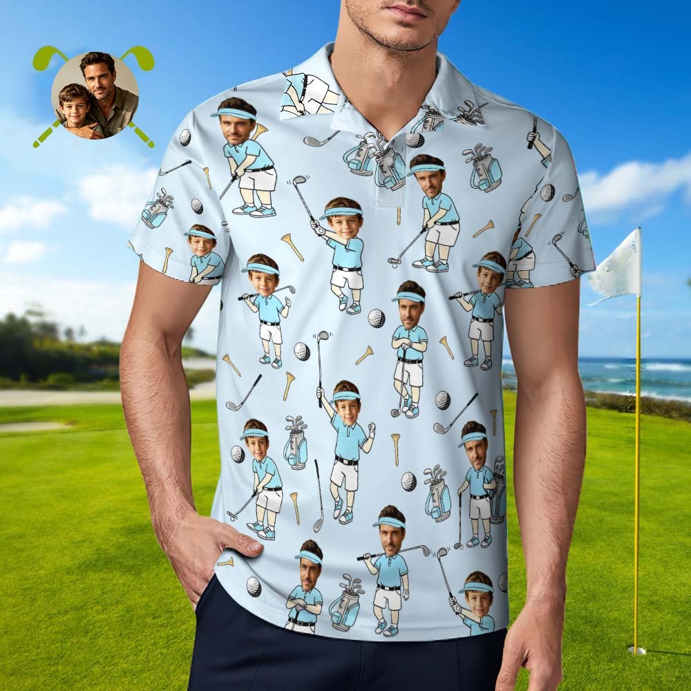 Custom Face Golf Polo Shirt for Men, Funny Cartoon Golfer Shirt, Matching Golf Team Polo, Summer Golf Shirt, Personalized Golf Lover Gift - auphotoblanket