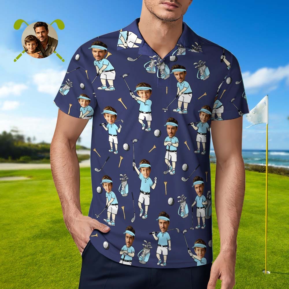 Custom Face Golf Polo Shirt for Men, Funny Cartoon Golfer Shirt, Matching Golf Team Polo, Summer Golf Shirt, Personalized Golf Lover Gift - auphotoblanket