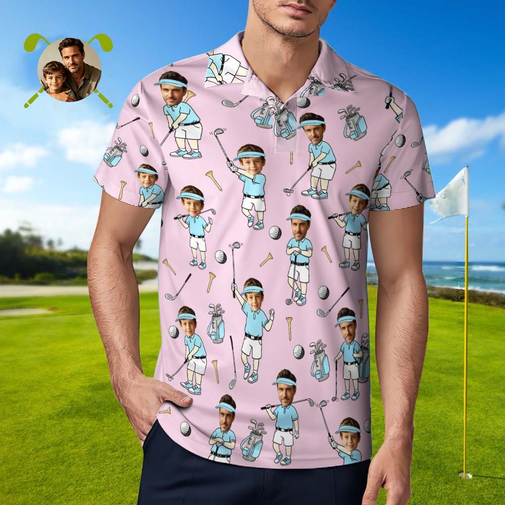 Custom Face Golf Polo Shirt for Men, Funny Cartoon Golfer Shirt, Matching Golf Team Polo, Summer Golf Shirt, Personalized Golf Lover Gift - auphotoblanket