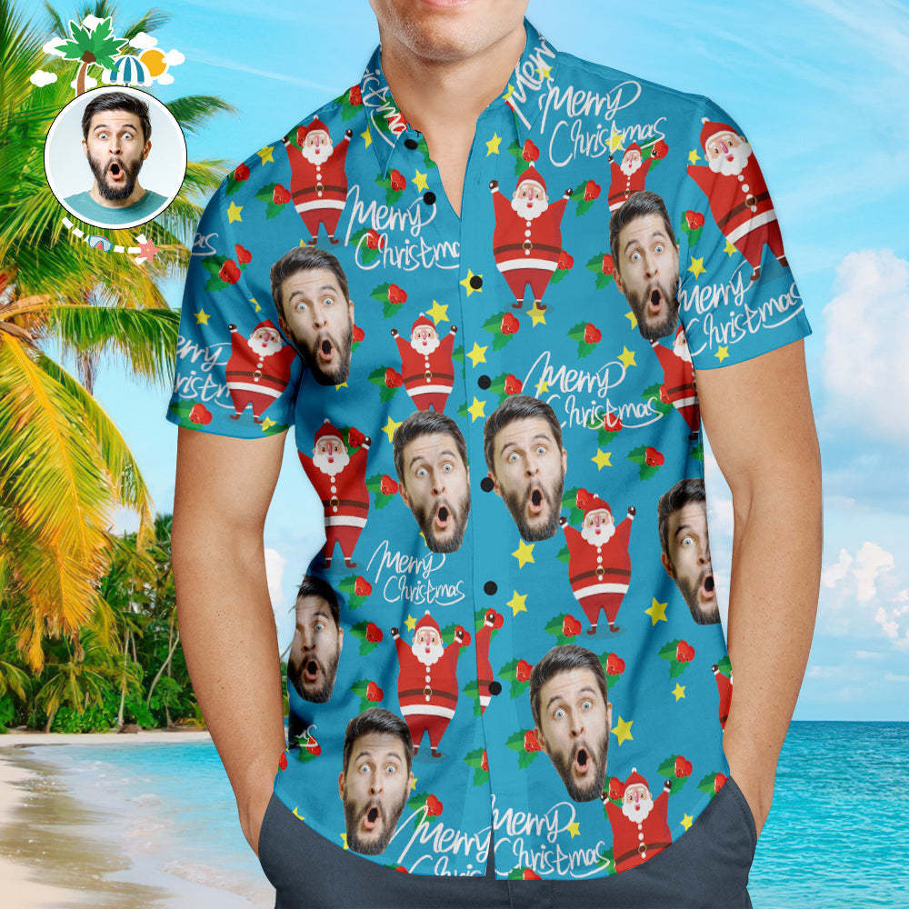 Custom Face Shirt Personalized Photo Men's Hawaiian Shirt Christmas Gift - Happy Santa - auphotoblanket