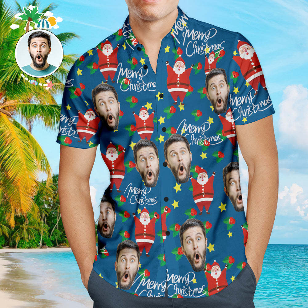 Custom Face Shirt Personalized Photo Men's Hawaiian Shirt Christmas Gift - Happy Santa - auphotoblanket
