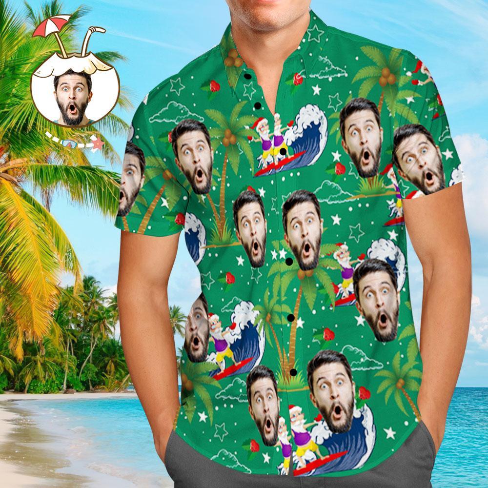 Custom Face Shirt Personalized Photo Men's Hawaiian Shirt Christmas Gift - Surfing Santa - auphotoblanket