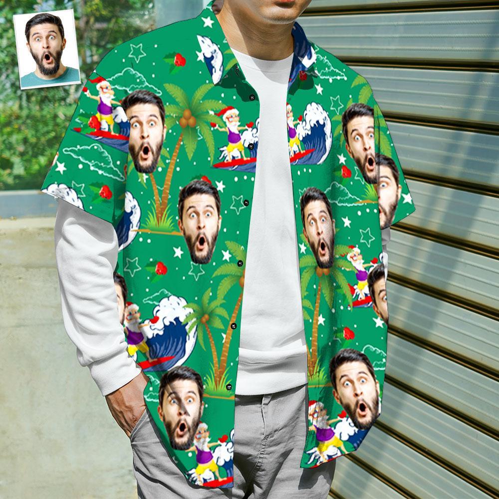 Custom Face Shirt Personalized Photo Men's Hawaiian Shirt Christmas Gift - Surfing Santa - auphotoblanket