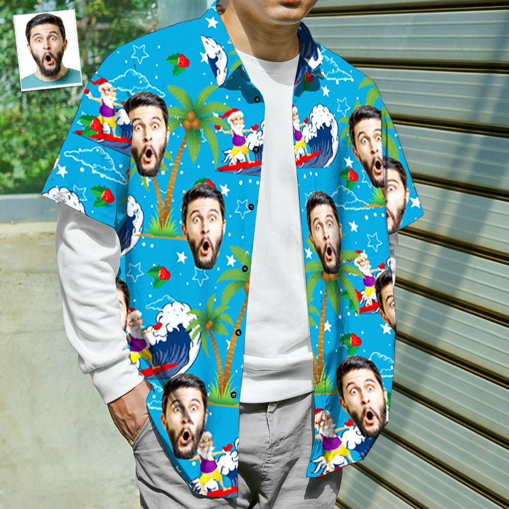 Custom Face Shirt Personalized Photo Men's Hawaiian Shirt Christmas Gift - Surfing Santa - auphotoblanket