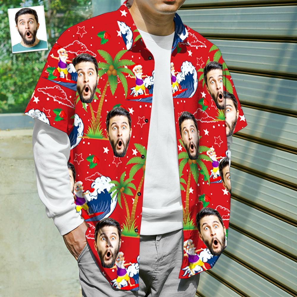 Custom Face Shirt Personalized Photo Men's Hawaiian Shirt Christmas Gift - Surfing Santa - auphotoblanket