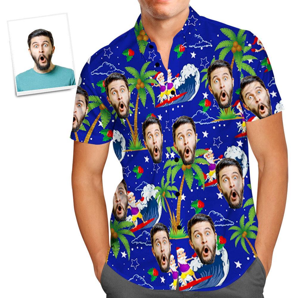 Custom Face Shirt Personalized Photo Men's Hawaiian Shirt Christmas Gift - Surfing Santa - auphotoblanket