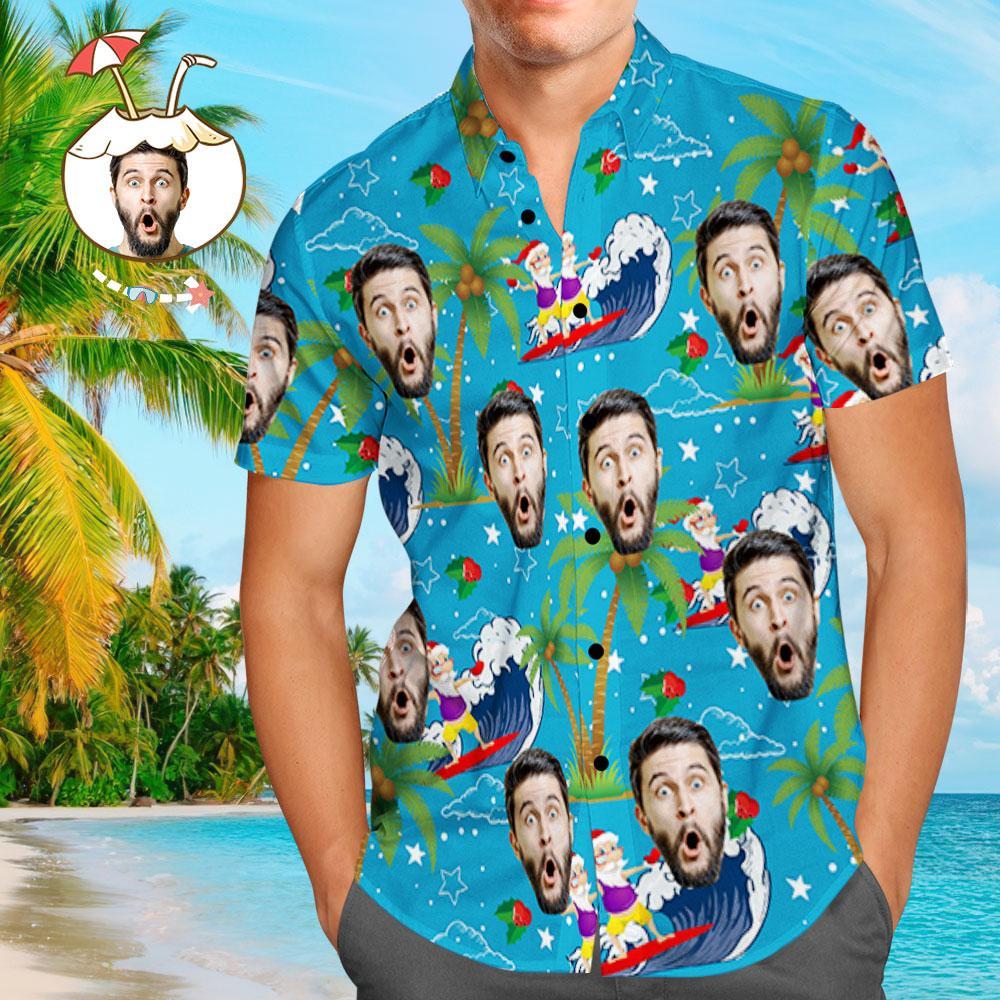 Custom Face Shirt Personalized Photo Men's Hawaiian Shirt Christmas Gift - Surfing Santa - auphotoblanket