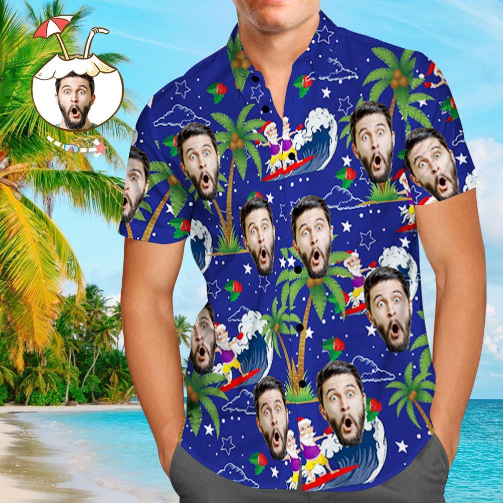 Custom Face Shirt Personalized Photo Men's Hawaiian Shirt Christmas Gift - Surfing Santa - auphotoblanket