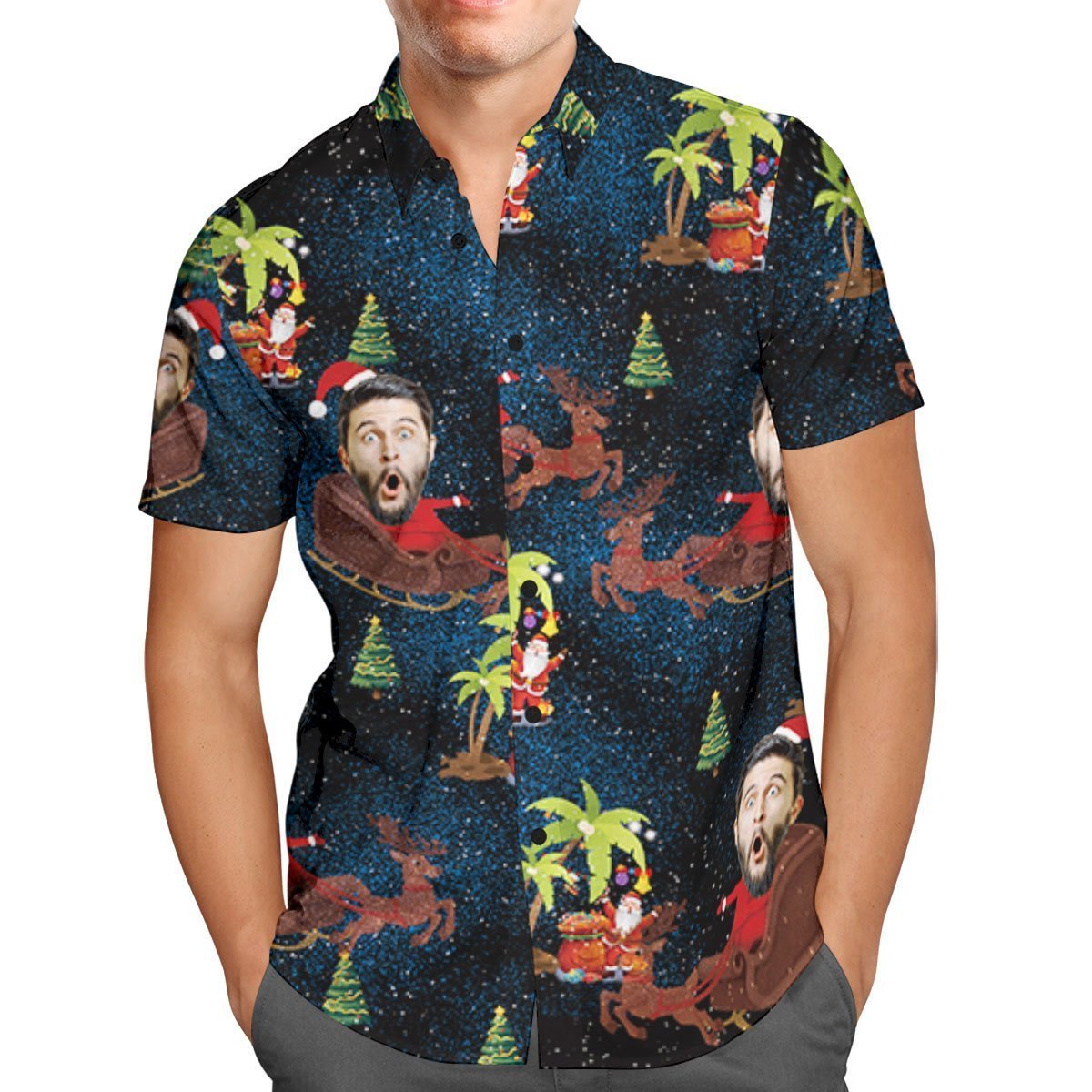 Custom Face Personalized Christmas Hawaiian Shirt Reindeer Pulling a Sleigh Christmas Gift - auphotoblanket
