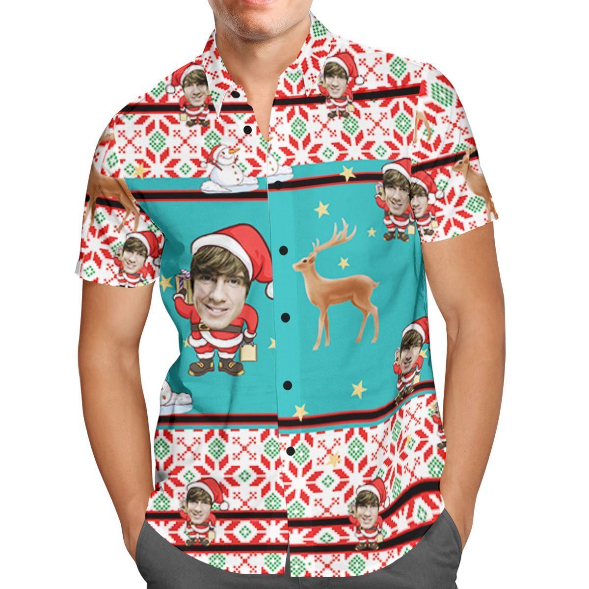 Custom Face Personalized Christmas Hawaiian Shirt Santa Claus and Reindeer - auphotoblanket