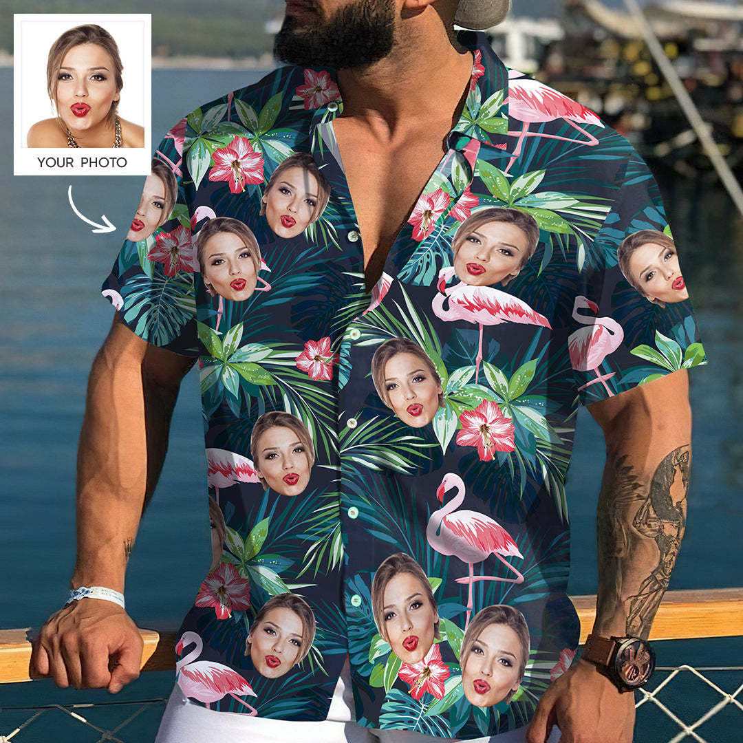 Custom Face Hawaiian Shirt Men's All Over Print Large Leaves Short Sleeve Shirt - auphotoblanket
