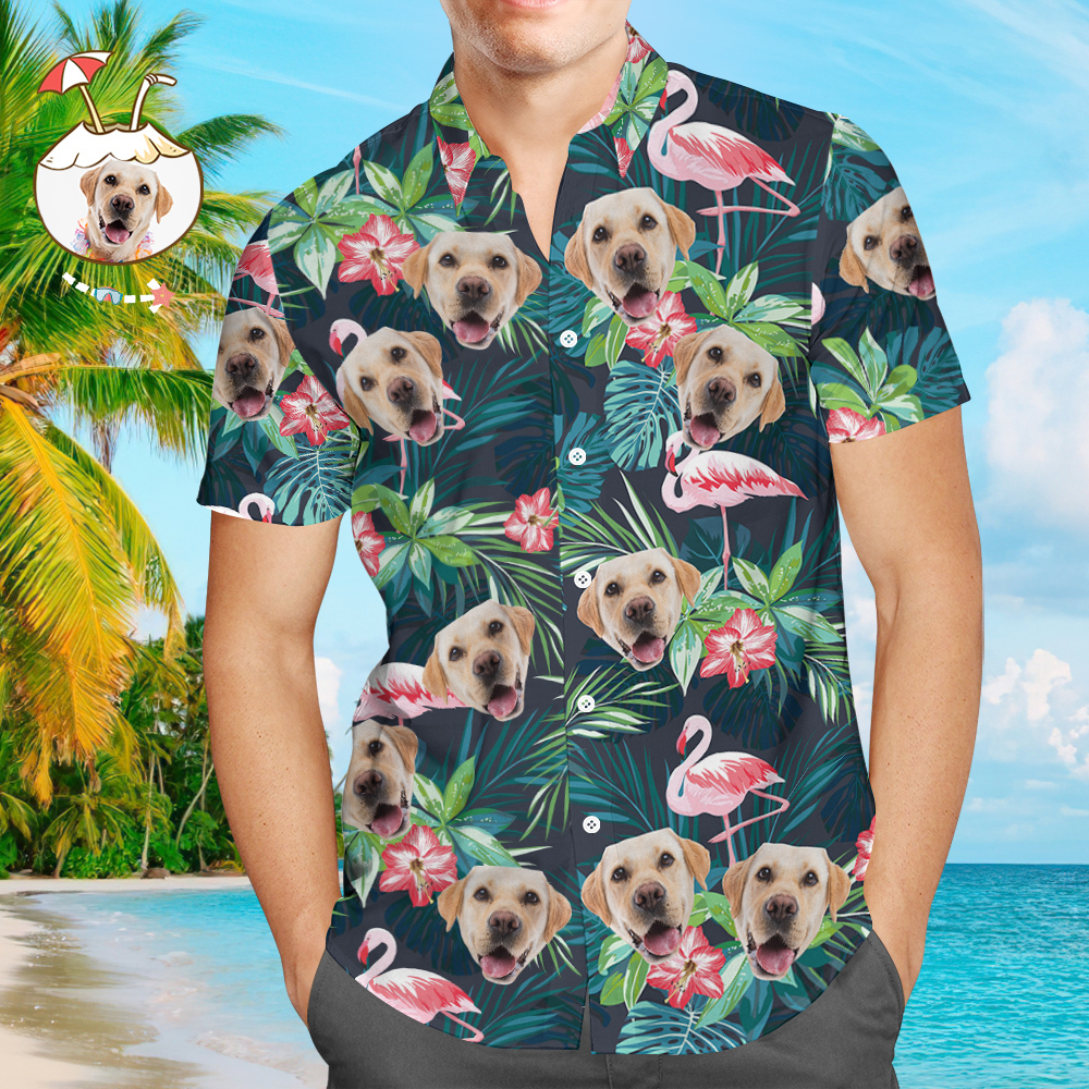 Face on Shirts Custom Hawaiian Shirt with Face Leaves & Flamingo Button Down Shirts - auphotoblanket