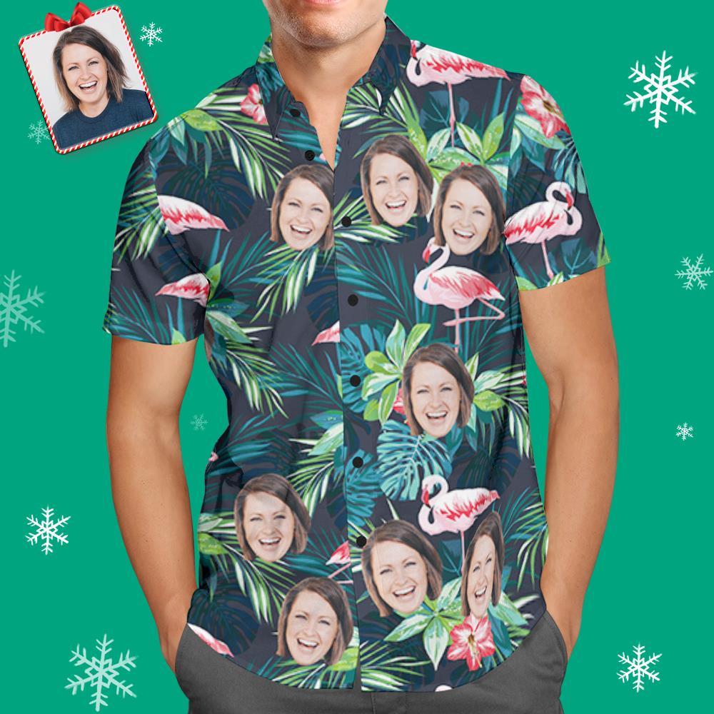 Christmas Gifts,Custom Face All Over Print Hawaiian Shirt Flamingo Flowers And Leaves - auphotoblanket
