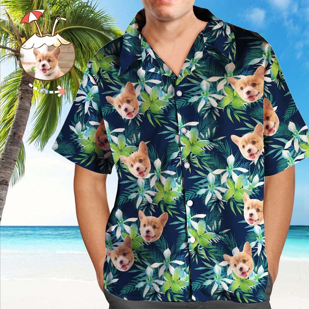 Custom Hawaiian Shirt with Face Custom Dog Face Tropical Shirts Leaves - auphotoblanket