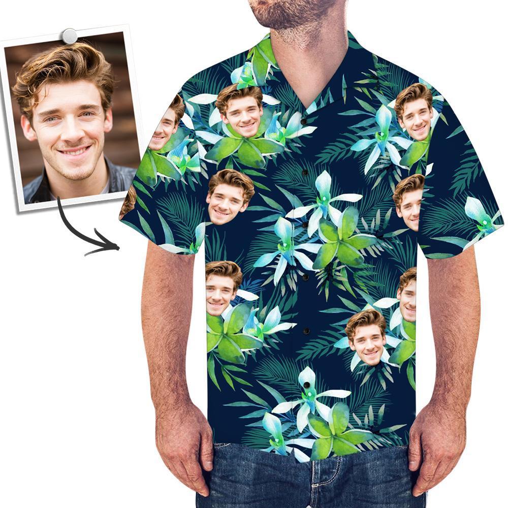 Custom Face Hawaiian Shirt Men's All Over Print Large Leaves Short Sleeve Shirt - auphotoblanket