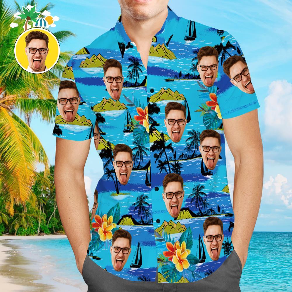 Custom Face Couple Matching Hawaiian Shirts Mountains Valentine's Day Gift - auphotoblanket