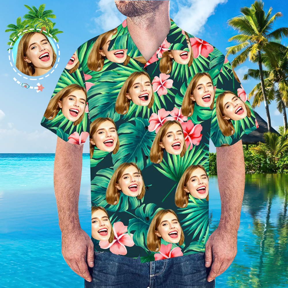 Custom Face Couple Matching Hawaiian Shirts Red Flowers Valentine's Day Gift - auphotoblanket