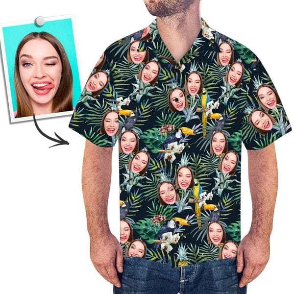 Custom Face All Over Print Hawaiian Shirt Flamingo Flowers And Leaves - auphotoblanket