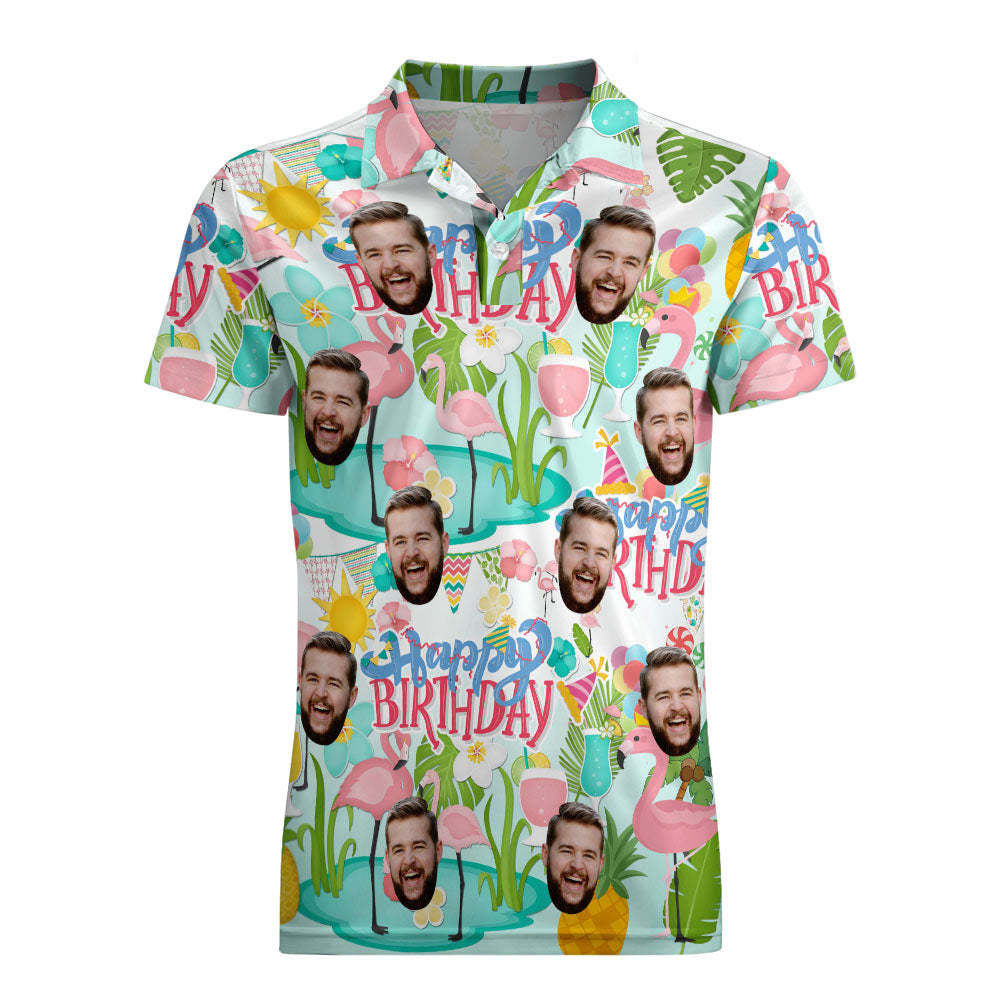 Custom Polo Shirt Hawaiian Golf Polo Shirts Happy Birthday Flamingo Party - auphotoblanket