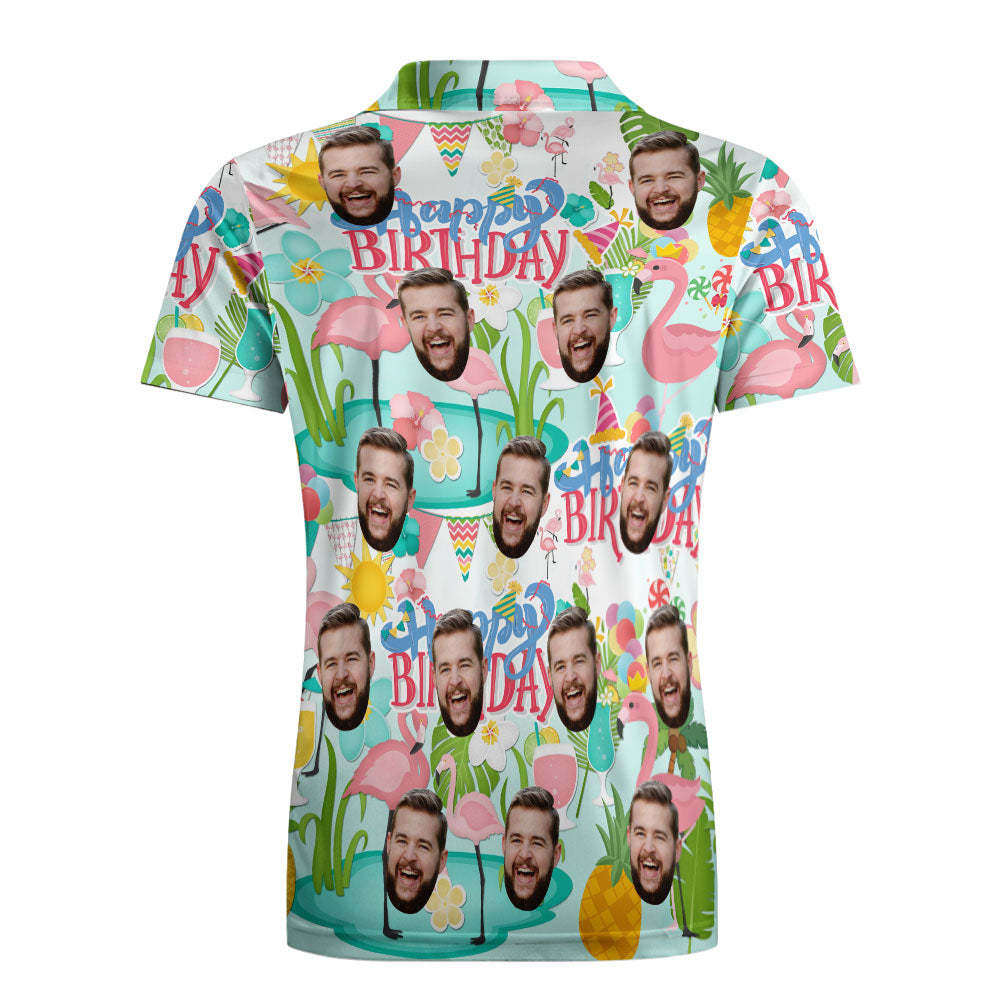 Custom Polo Shirt Hawaiian Golf Polo Shirts Happy Birthday Flamingo Party - auphotoblanket