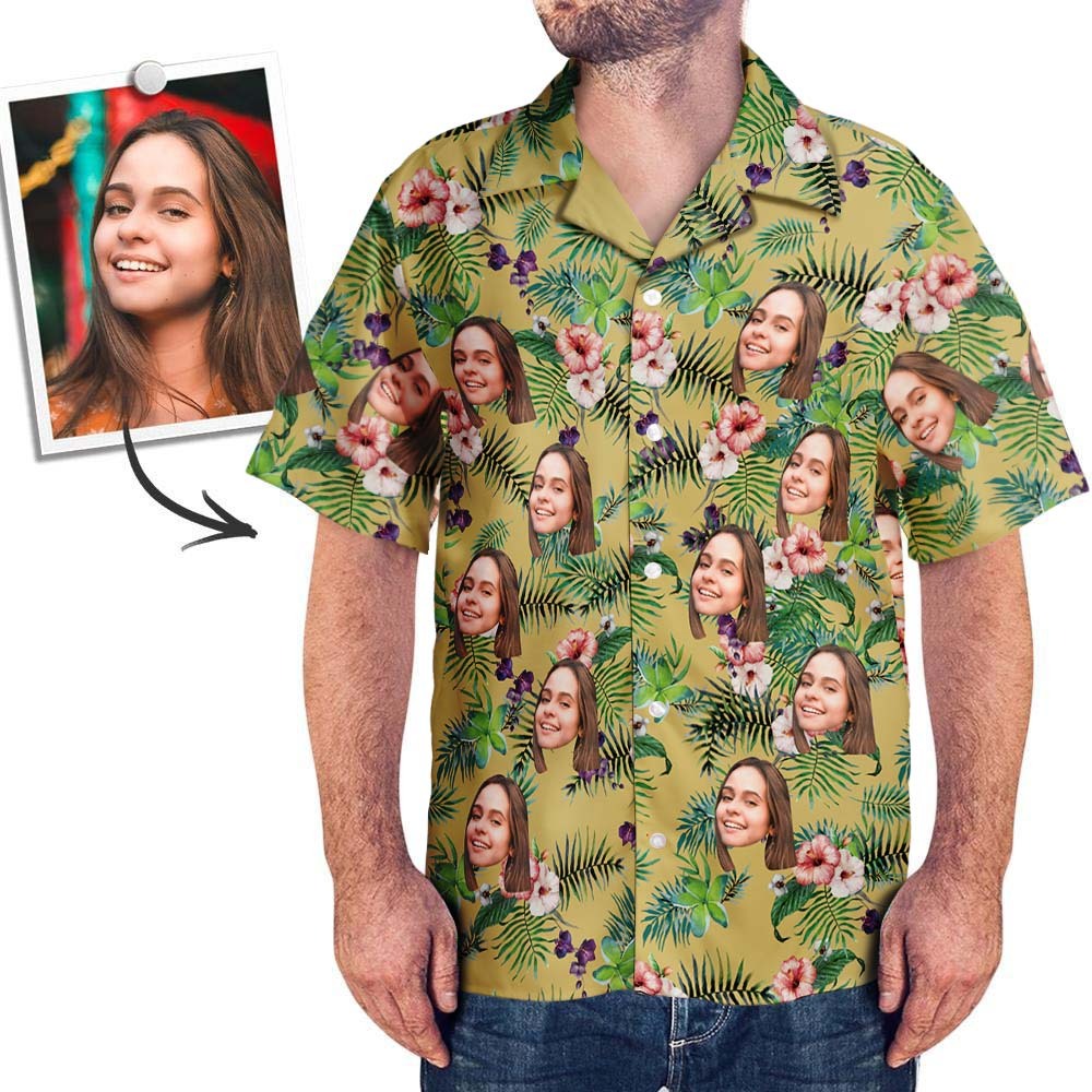 Custom Face All Over Print Hawaiian Shirt Flamingo Flowers And Leaves - auphotoblanket