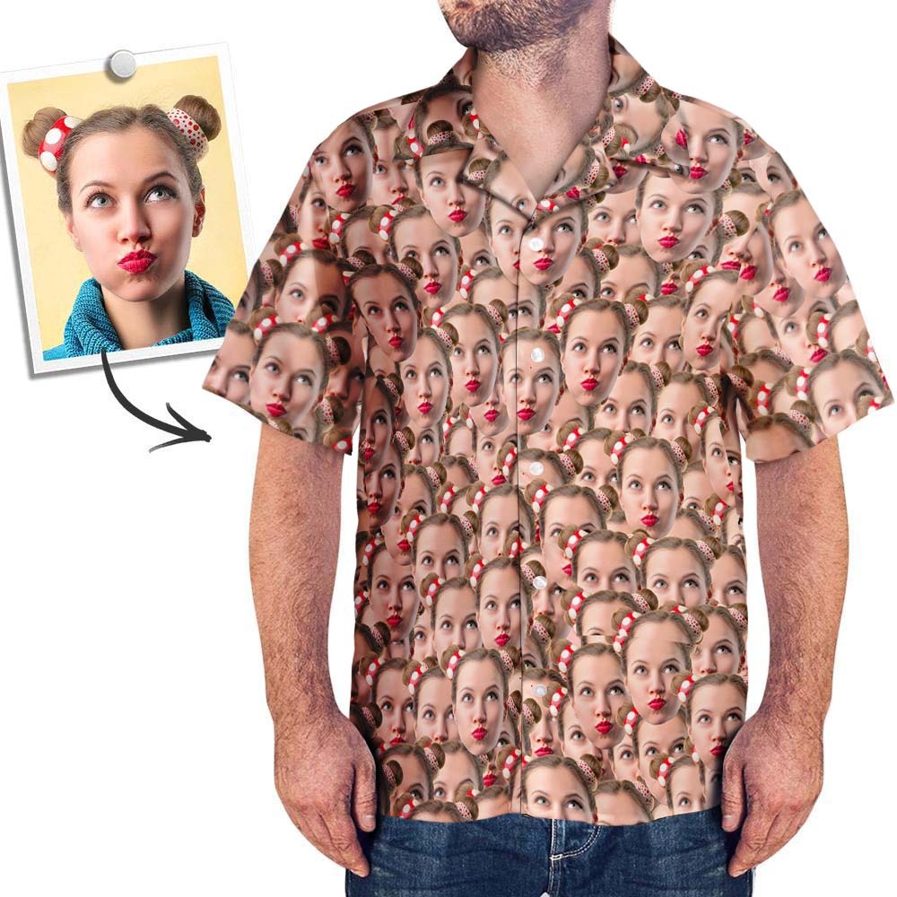 Custom Face Hawaiian Shirt Men's All Over Print Large Leaves Short Sleeve Shirt - auphotoblanket