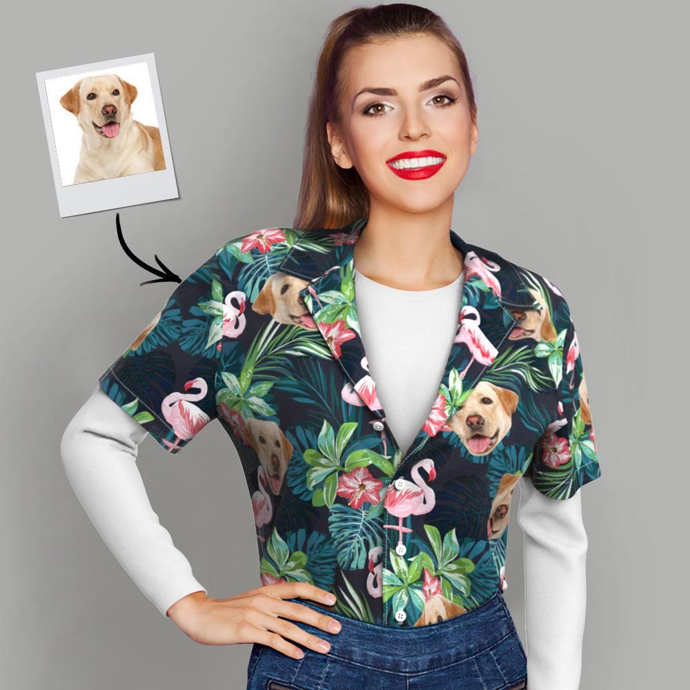 Custom Hawaiian Shirt with Face Custom Dog Face Shirt Leaves & Flamingo Hawaiian Shirts - auphotoblanket