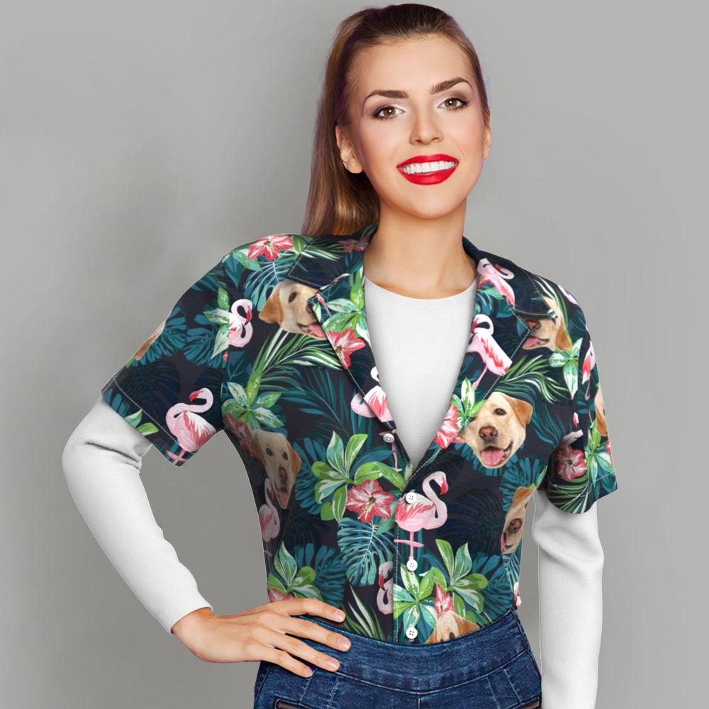 Custom Hawaiian Shirt with Face Custom Dog Face Shirt Leaves & Flamingo Hawaiian Shirts - auphotoblanket