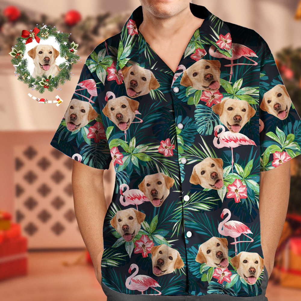 Christmas Gifts Custom Hawaiian Shirt with Face Custom Dog Face Shirt Leaves & Flamingo Button Down Shirts - auphotoblanket