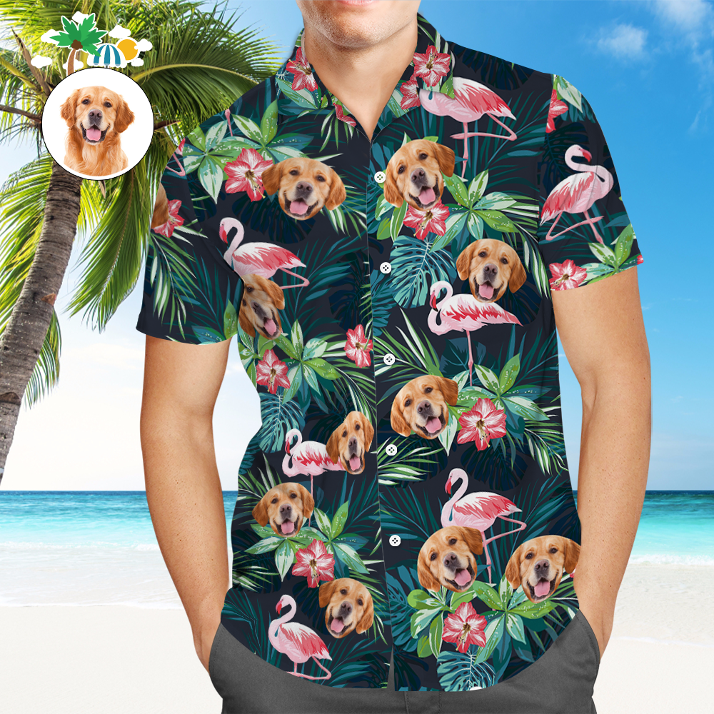 Custom Hawaiian Shirt with Face Custom Dog Face Shirt Leaves & Flamingo Button Down Shirts Gifts for Pet Lover - auphotoblanket