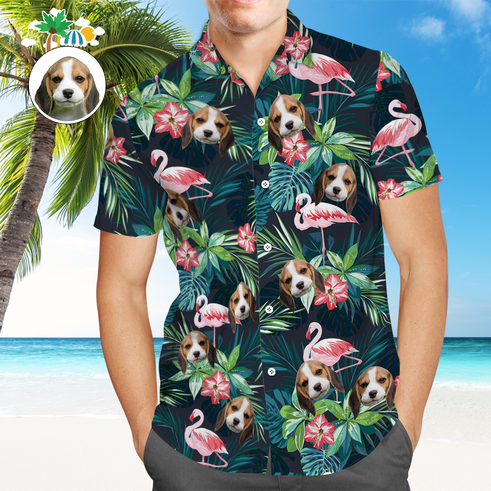 Custom Hawaiian Shirt with Face Custom Dog Face Shirt Leaves & Flamingo Button Down Shirts Gifts for Pet Lover - auphotoblanket