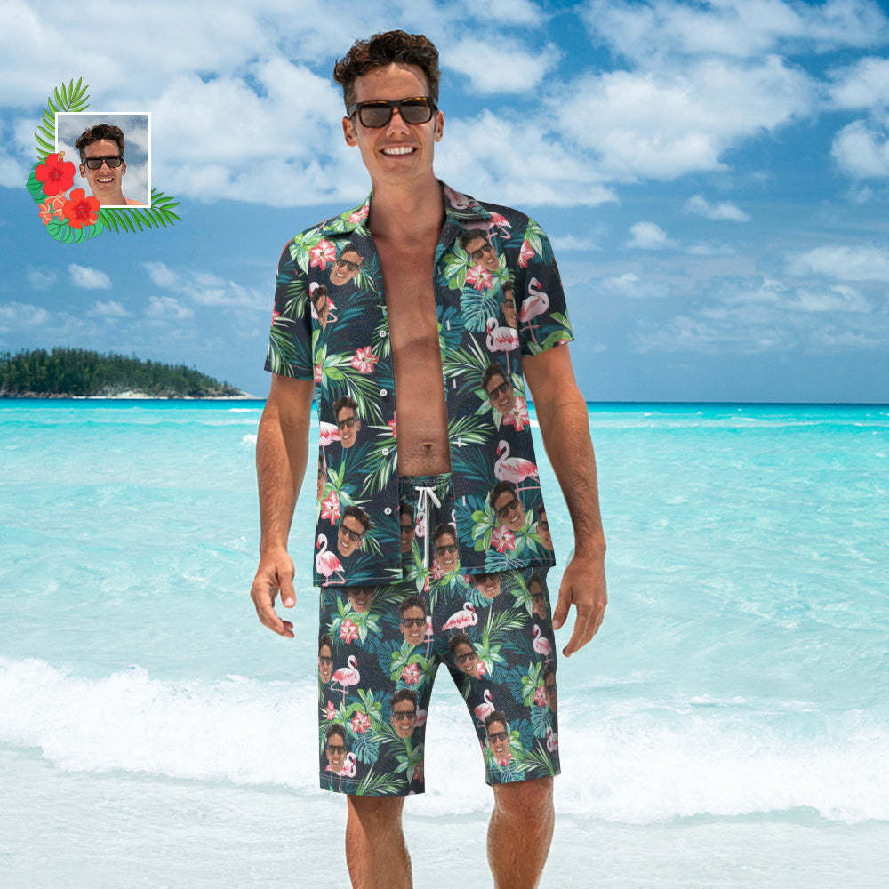 Custom Face Hawaiian Shirt And Beach Shorts  Personalized Men's Photo Flamingo Flower  Vacation Party Gift - auphotoblanket