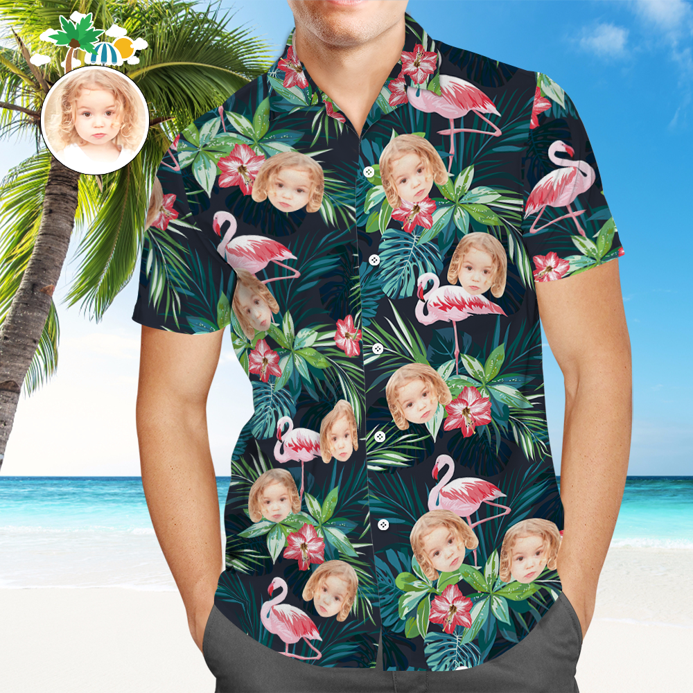 Custom Hawaiian Shirt with Face Custom Dog Face Shirt Leaves & Flamingo Button Down Shirts Gifts for Pet Lover - auphotoblanket