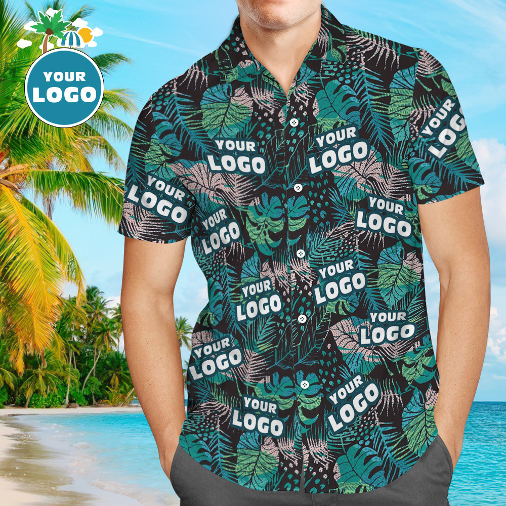 Custom Logo Hawaiian Shirts Summer Leaves Personalized Aloha Beach Shirt For Men - auphotoblanket