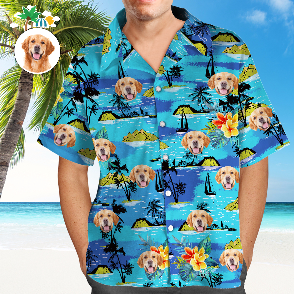 Custom Dog Face Hawaiian Shirt Custom Tropical Shirts Men's All Over Print Hawaiian Shirt - auphotoblanket