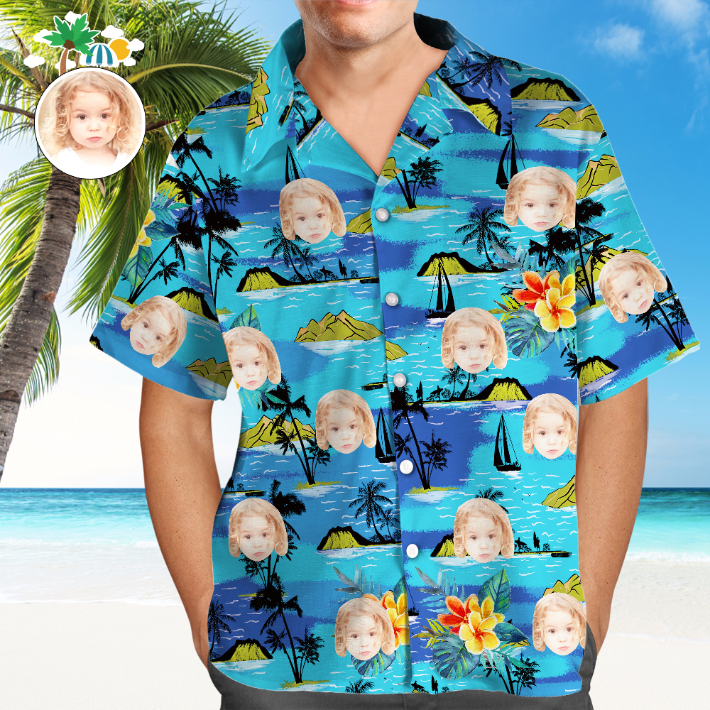 Custom Hawaiian Shirts With Kid Face Mountains Personalized Aloha Beach Shirt Gift For Dad - auphotoblanket