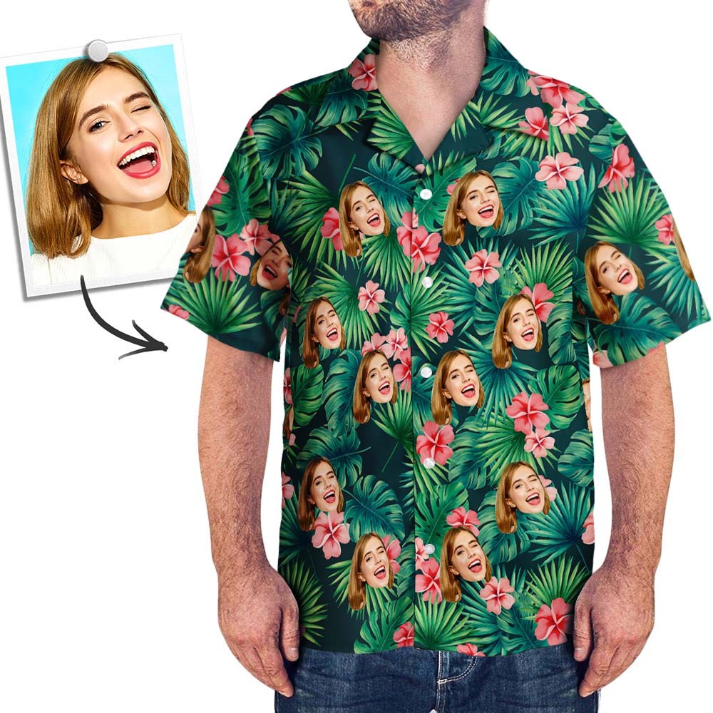 Custom Face All Over Print Hawaiian Shirt Flamingo Flowers And Leaves - auphotoblanket