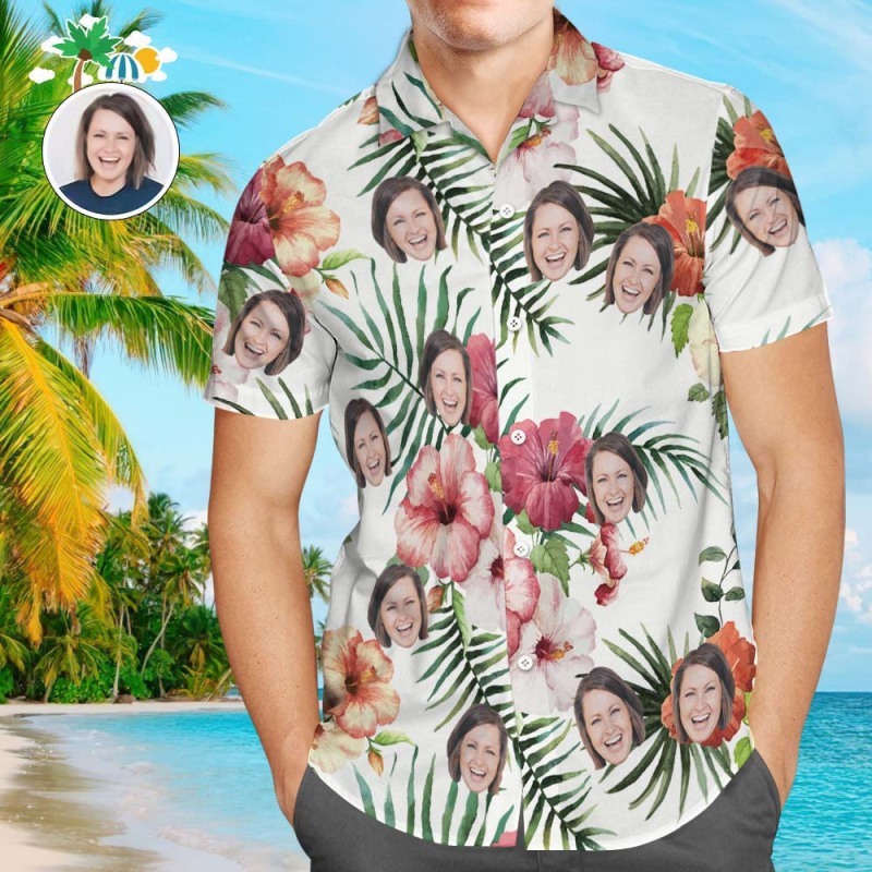Custom Face All Over Print Hawaiian Shirt Flamingo Flowers And Leaves - auphotoblanket