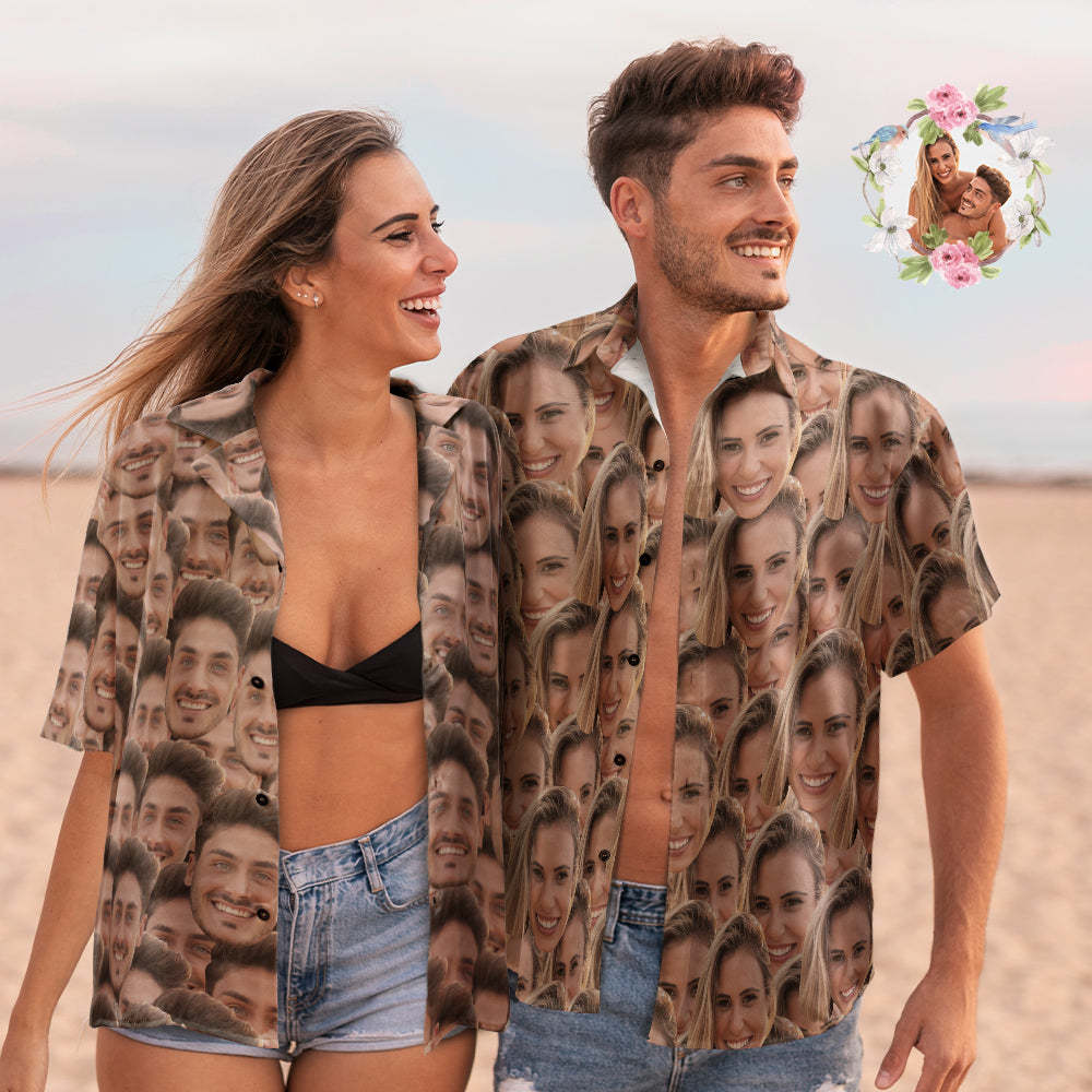 Custom Face Mash Couple Matching Hawaiian Shirts Valentine's Day Gift - auphotoblanket